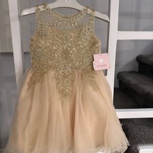 NWT Tip Top Kids Champagne Gold Beaded Tulle Party Dress